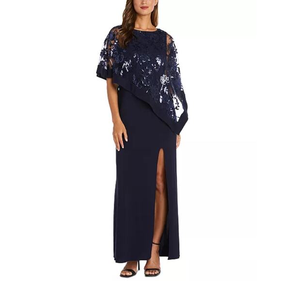 NWT R&M Richards Navy Blue 1 Piece Sequin Lace Poncho Sheath Dress Womens Size 8 - Picture 1 of 16